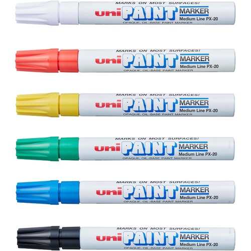 uni® uni-Paint PX-20 Oil-Based Paint Marker - Medium Marker Point - Assorted, Blue, Red, Green, Yellow, Black Oil Based Ink - White Barrel - 6 / Set