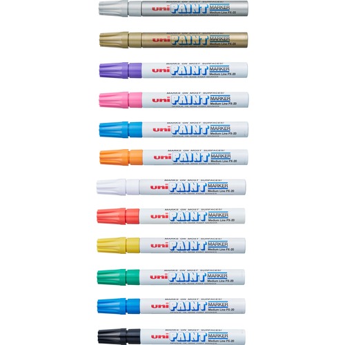 uni® uni-Paint PX-20 Oil-Based Paint Marker - Medium Marker Point - Blue, Red, Green, Yellow, Black, White, Silver, Gold, Violet, Pink, Light Blue, ... Oil Based Ink - White Barrel - 12 / Set