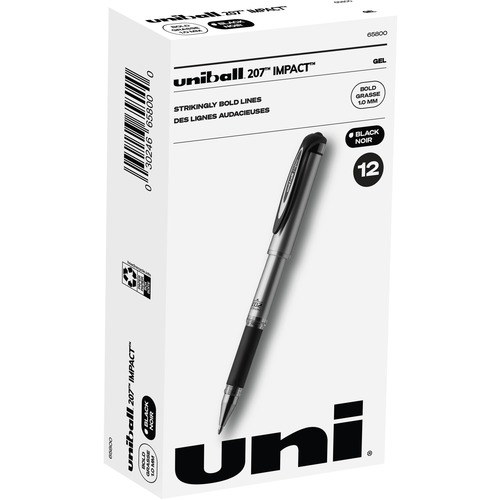 uniball™ 207 Impact Gel Pen - Bold Pen Point - 1 mm Pen Point Size - Refillable - Black Gel-based Ink - Silver Barrel - 1 Dozen