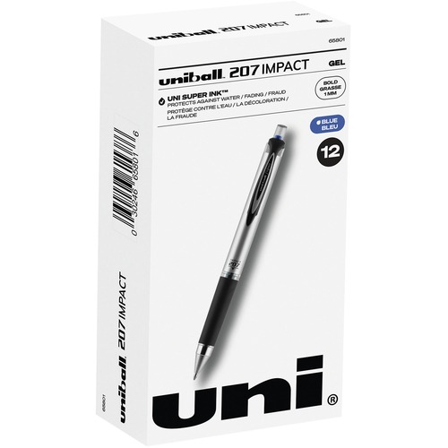 uni-ball 207 Gel Impact - Bold Pen Point - 1 mm Pen Point Size - Refillable - Blue Gel-based Ink - Silver Barrel  ***Sold as EACHES***