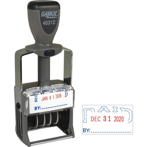 Xstamper Heavy-duty PAID Self-Inking Dater - Message/Date Stamp - "PAID" - Blue, Red - Metal, Plastic Metal - 1 Each