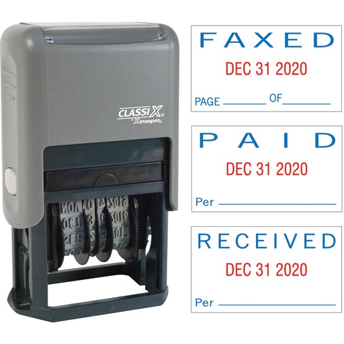 Xstamper Self-Inking Paid/Faxed/Received Dater - Message/Date Stamp - "PAID, FAXED, RECEIVED" - 0.93" Impression Width - Blue, Red - Plastic Plastic - 1 Each