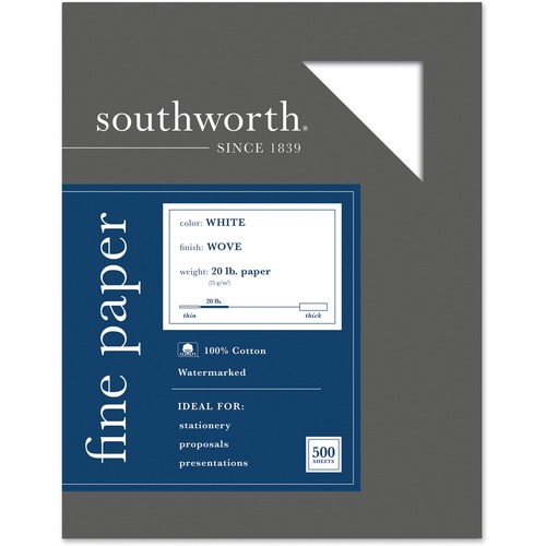 Southworth 100% Cotton Business Paper - Letter - 8 1/2" x 11" - 20 lb Basis Weight - Wove - 500 / Box - Wear Resistant, Date-coded, Acid-free, Lignin-free - White