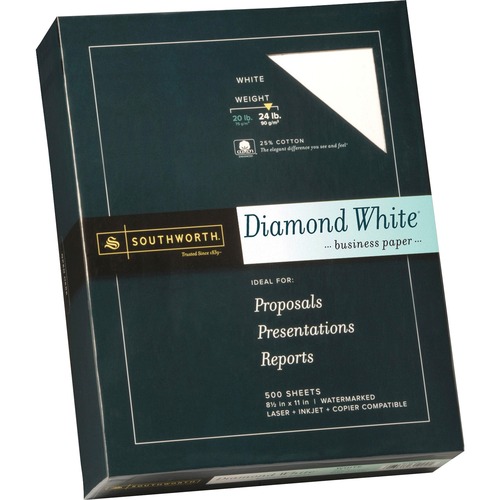 Southworth Diamond White Business Paper - Letter - 8 1/2" x 11" - 24 lb Basis Weight - Wove - 500 / Box - Acid-free, Watermarked - Diamond White
