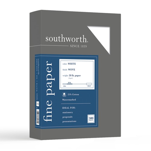 Southworth Business Paper - Letter - 8 1/2" x 11" - 20 lb Basis Weight - Wove - 500 / Box - Watermarked, Acid-free, Date-coded, Lignin-free - White