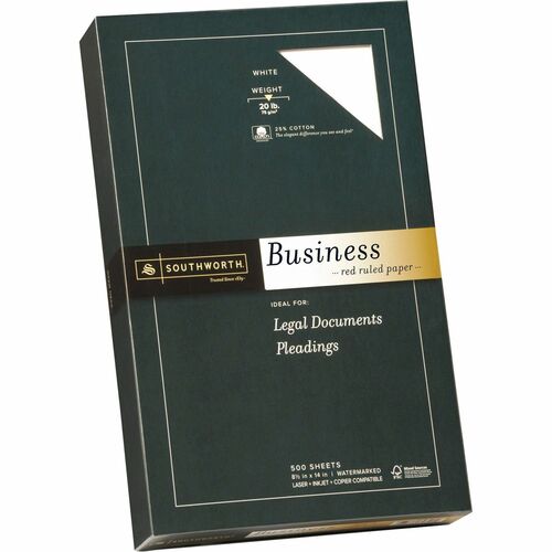 Southworth Red Ruled Business Paper - Legal - 8 1/2" x 14" - 20 lb Basis Weight - Wove - 500 / Box - Acid-free, Watermarked, Date-coded, Lignin-free - White