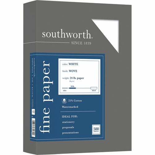 Southworth 24lb 25% Cotton Business Paper - Letter - 8 1/2" x 11" - 24 lb Basis Weight - Wove - 500 / Box - Watermarked, Acid-free, Date-coded, Lignin-free - White