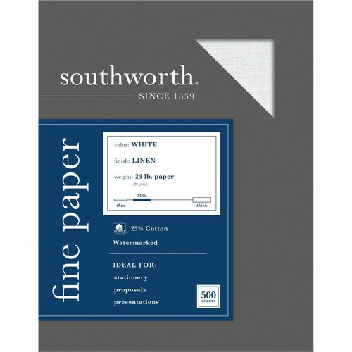 Southworth Business Paper - Letter - 8 1/2" x 11" - 24 lb Basis Weight - Linen - 500 / Box - Acid-free, Watermarked, Date-coded - White
