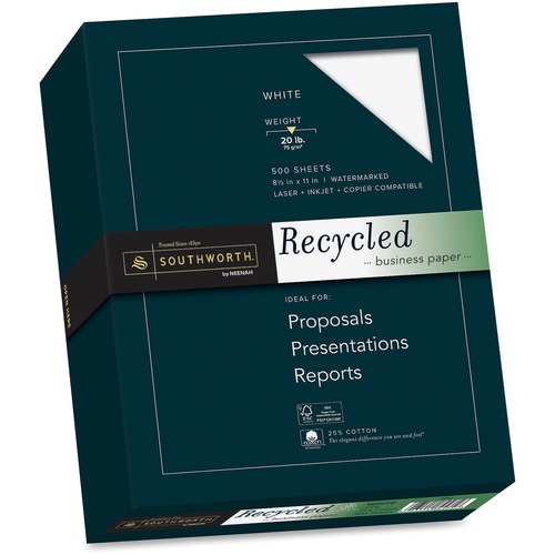 Southworth Premium Recycled Business Paper - Letter - 8 1/2" x 11" - 20 lb Basis Weight - Smooth - 500 / Box - Acid-free, Watermarked, Date-coded - White