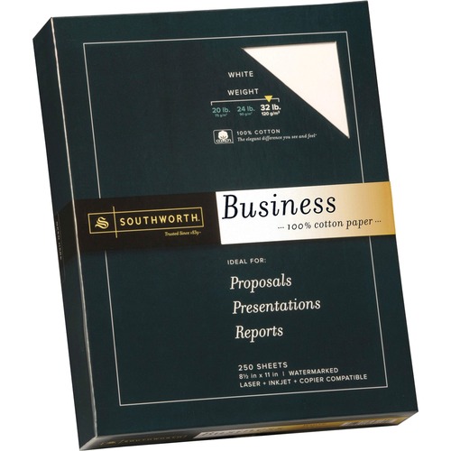 Southworth Premium Weight 100% Business Cotton Paper - Letter - 8 1/2" x 11" - 32 lb Basis Weight - Wove - 250 / Box - Acid-free, Watermarked - White