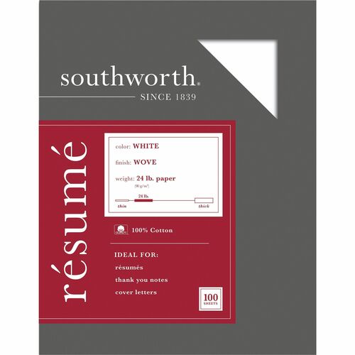 Southworth 100% Cotton Resume Paper - Letter - 8 1/2" x 11" - 24 lb Basis Weight - Wove - 100 / Box - White