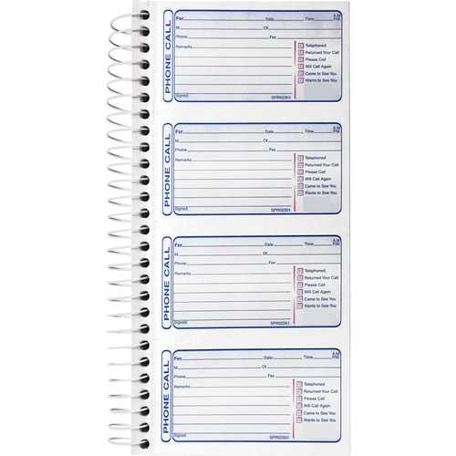 Sparco 4CPP Carbonless Telephone Message Book - 400 Sheet(s) - Spiral Bound - 2 PartCarbonless Copy - 2.75" x 4.75" Form Size - 5 1/4" x 11" Sheet Size - White - Blue Print Color - 1 Each