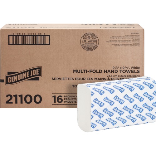 Genuine Joe Multifold Towels - 1 Ply - Multifold - 9.20" x 9.40" - White - Interfolded, Embossed, Anti-contamination, Chlorine-free, Absorbent, Moisture Resistant - For Restroom, Public Facilities, Washroom - 250 Per Bundle - 16 / Carton