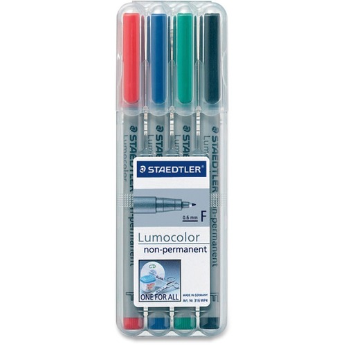 Staedtler Lumocolour Fine Point Marker Pens - Fine Marker Point - 0.6 mm Marker Point Size - Refillable - Red, Blue, Green, Black Water Based Ink - Gray Polypropylene Barrel - 4 / Set - Overhead Transparency Markers - STD316WP4