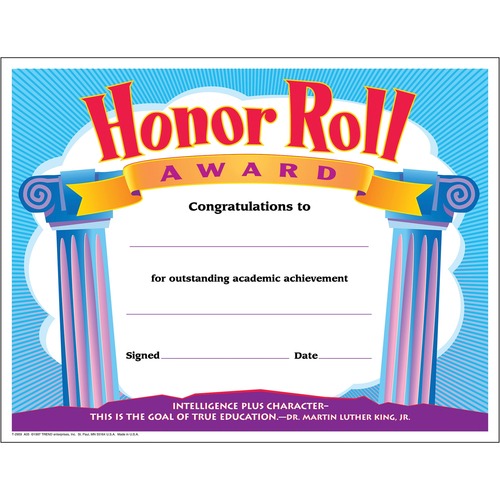 Trend Honor Roll Award Certificate - "Honor Roll Award" - 8.50" x 11" - Assorted - 30 / Pack