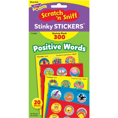 Trend Positive Words Stinky Stickers Variety Pack - Round Shape - Self-adhesive - Acid-free, Non-toxic, Photo-safe, Scented - Assorted, Assorted - Paper - 300 / Pack
