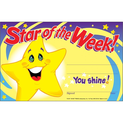 Trend Cheerful Recognition Awards - "Star of the Week" - 8.50" x 5.50" - 30 / Pack