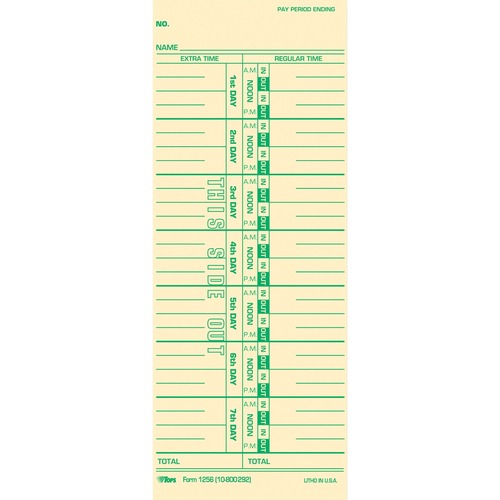 TOPS Numbered Days Time Cards - 3 1/2" x 9" Sheet Size - Yellow - Manila Sheet(s) - Green Print Color - 100 / Pack - Time Cards & Time Clock Accessories - TOP12563