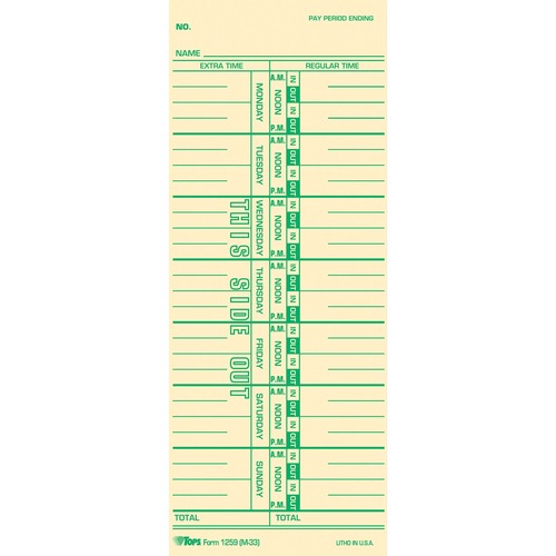 TOPS Named Days Time Cards - 3.50" x 9" Sheet Size - Yellow - Manila Sheet(s) - Green Print Color - 100 / Pack