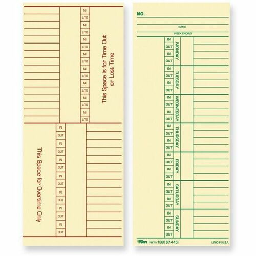 TOPS Named Days/Overtime Time Cards - 3.37" x 8.25" Sheet Size - Yellow - Manila Sheet(s) - Green, Red Print Color - 100 / Pack