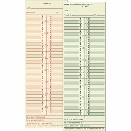 TOPS Semi-Monthly Time Cards - Double Sided Sheet - 3.50" x 10.50" Sheet Size - Yellow - Manila Sheet(s) - Green, Red Print Color - 500 / Box