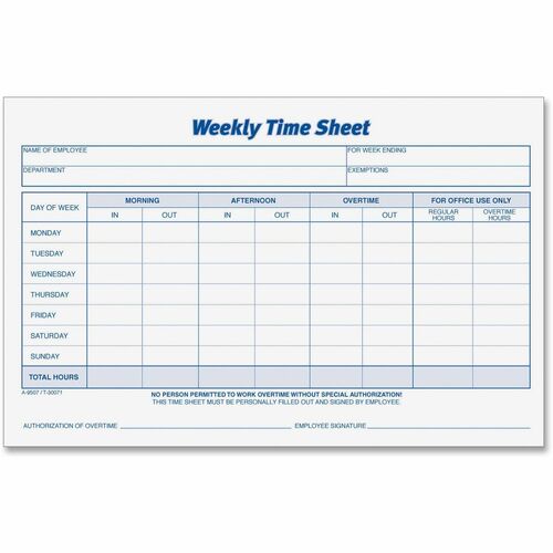 TOPS Weekly Timesheet Form - 100 Sheet(s) - 8.50" x 5.50" Sheet Size - White - White Sheet(s) - Blue Print Color - 2 / Pack