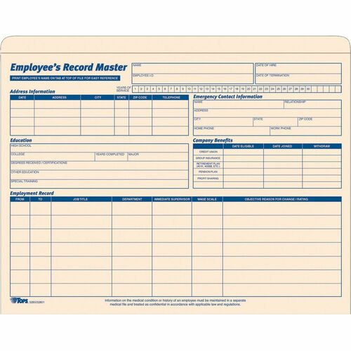 TOPS Letter Record Jacket - 9 1/2" x 11 3/4" , 8 1/2" x 11" - Manila - Manila - 20 / Pack