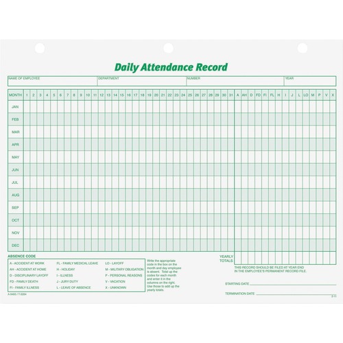 TOPS Daily Employee Attendance Record Form - 50 Sheet(s) - 11" x 8 1/2" Sheet Size - 3 x Holes - White - White Sheet(s) - Green Print Color