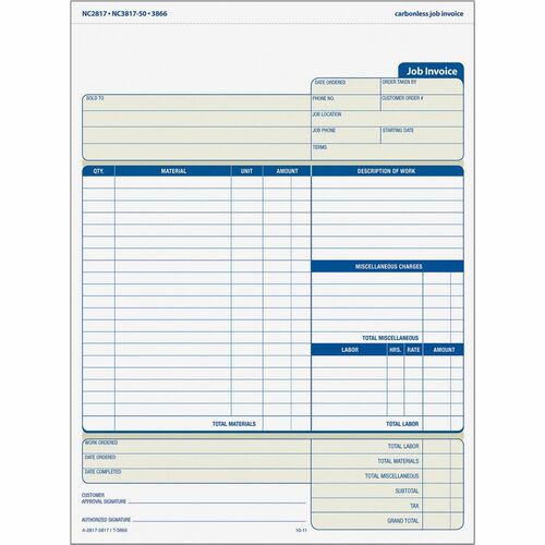 TOPS Three-part Carbonless Job Invoice Forms - 3 PartCarbonless Copy - 8.50" x 11" Sheet Size - White, Canary, Manila - Assorted Sheet(s) - Blue Print Color - 50 / Pack