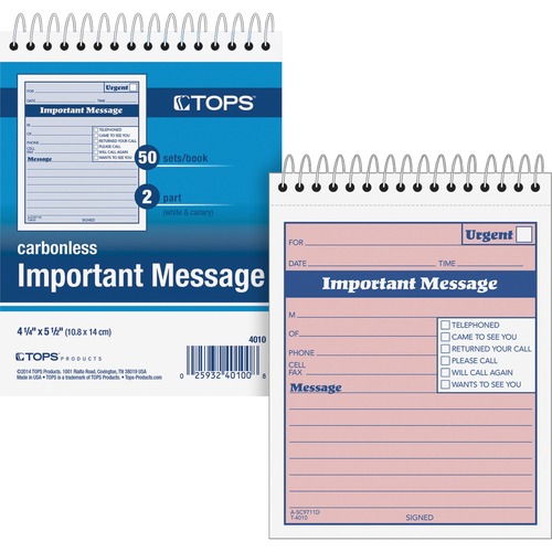 TOPS 1CPP Duplicate Important Message Book - 50 Sheet(s) - Spiral Bound - 2 PartCarbonless Copy - 6" x 4.25" Form Size - Pink - Assorted Sheet(s) - Blue, Red Print Color - 1 Each