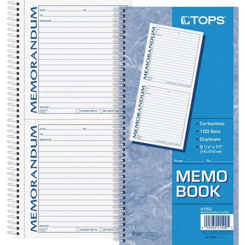 TOPS Memorandum Forms Book - 100 Sheet(s) - Spiral Bound - 2 PartCarbonless Copy - 5.50" x 5" Form Size - 5.50" x 11" Sheet Size - White, Canary - Assorted Sheet(s) - Blue, Red Print Color - 1 Each