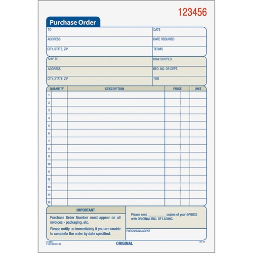 TOPS Carbonless 2-Part Purchase Order Books - 50 Sheet(s) - 2 PartCarbonless Copy - 5.56" x 7.93" Sheet Size - Assorted Sheet(s) - 1 Each