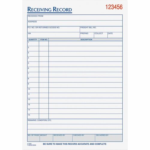 TOPS Carbonless Receiving Record Forms - 3 PartCarbonless Copy - 5.56" x 8.44" Sheet Size - 2 x Holes - Assorted Sheet(s) - Blue, Red Print Color - 1 Each