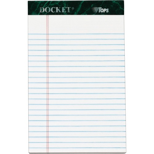 TOPS Docket Letr - Trim White Legal Pads - Jr.Legal - 50 Sheets - Double Stitched - 0.28" Ruled - 16 lb Basis Weight - Jr.Legal - 5" x 8" - White Paper - Marble Green Binding - Perforated, Sturdy Back, Easy Tear, Heavyweight, Resist Bleed-through - 12 / P