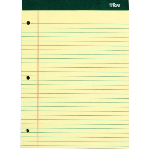 TOPS Perforated 3 Hole Punched Ruled Docket Legal Pads - 100 Sheets - Double Stitched - 0.34" Ruled - 16 lb Basis Weight - 8 1/2" x 11 3/4" - Canary Paper - Marble Green Binding - Perforated, Hard Cover, Resist Bleed-through - 6 / Pack