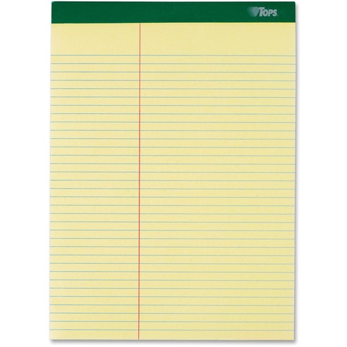 TOPS Letr-Trim Perforated Law-ruled Writing Pad - 100 Sheets - 0.34" Ruled - 16 lb Basis Weight - 8 1/2" x 11 3/4" Sheet Size - Canary Paper - Marble Green Binding - Perforated, Hard Cover - 6 / Pack