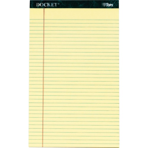 TOPS Docket Letr - Trim Legal Rule Canary Legal Pads - Legal - 50 Sheets - Double Stitched - 0.34" Ruled - 16 lb Basis Weight - Legal - 8 1/2" x 14" - Canary Paper - Marble Green Binding - Perforated, Hard Cover, Resist Bleed-through - 12 / Pack
