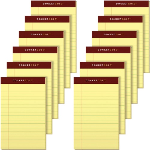 TOPS Docket Gold Jr. Legal Ruled Canary Legal Pads - Jr.Legal - 50 Sheets - 0.28" Ruled - 20 lb Basis Weight - Jr.Legal - 5" x 8" - Canary Paper - Burgundy Binding - Hard Cover, Perforated, Heavyweight - 12 / Pack