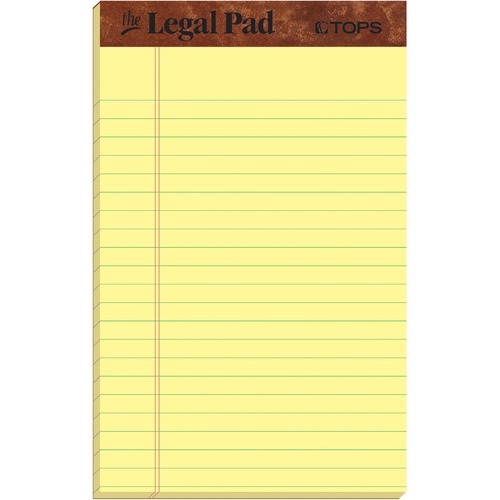 TOPS The Legal Pad Writing Pad - 50 Sheets - Double Stitched - 0.28" Ruled - 16 lb Basis Weight - Jr.Legal - 5" x 8" - Canary Paper - Chipboard Cover - Perforated, Hard Cover, Removable - 1 Dozen