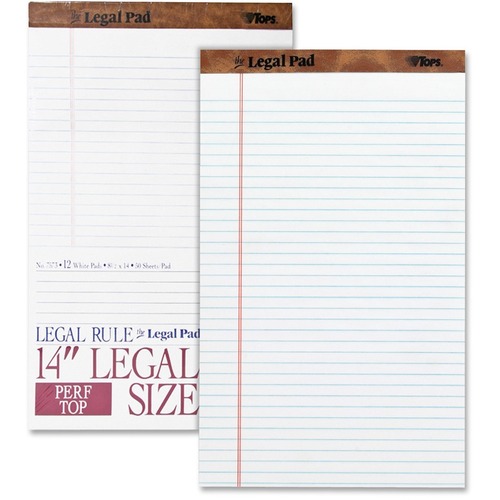 TOPS The Legal Pad Writing Pad - 50 Sheets - Double Stitched - 0.34" Ruled - 16 lb Basis Weight - Legal - 8 1/2" x 14" - White Paper - Chipboard Cover - Perforated, Hard Cover, Removable - 1 Dozen