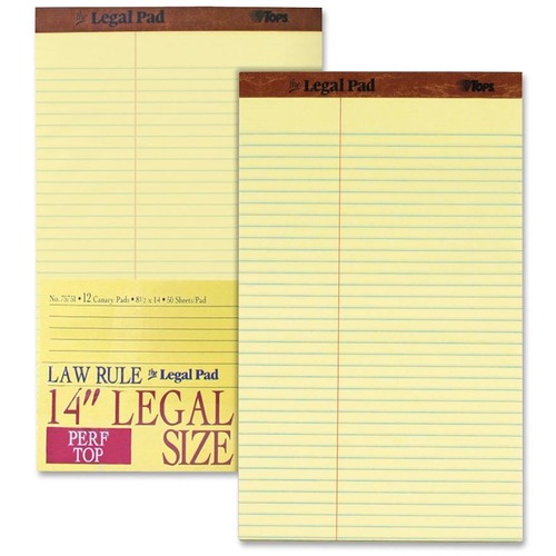 TOPS Legal Law Rule Pads - Legal - 50 Sheets - Double Stitched - 16 lb Basis Weight - Legal - 8 1/2" x 14" - Canary Paper - Perforated - 12 / Dozen