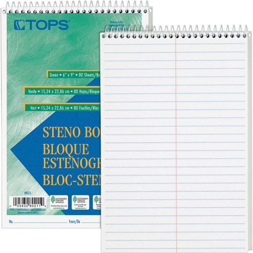TOPS Steno Books - 80 Sheets - Wire Bound - Gregg Ruled Margin - 6" x 9" - White Paper - Hardboard Cover - WireLock - 1/Each