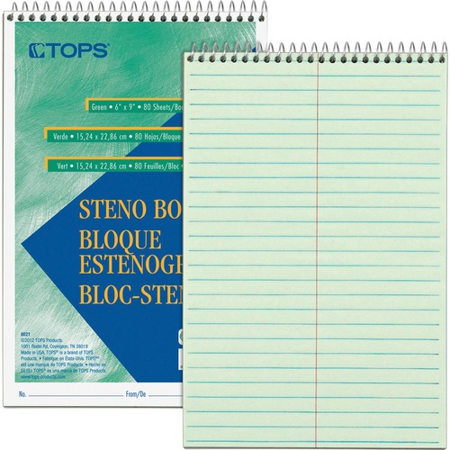TOPS Steno Book - 80 Sheets - Wire Bound - Gregg Ruled Margin - 6" x 9" - Green Tint Paper - Snag Resistant, Acid-free, Heavyweight - 1 Each