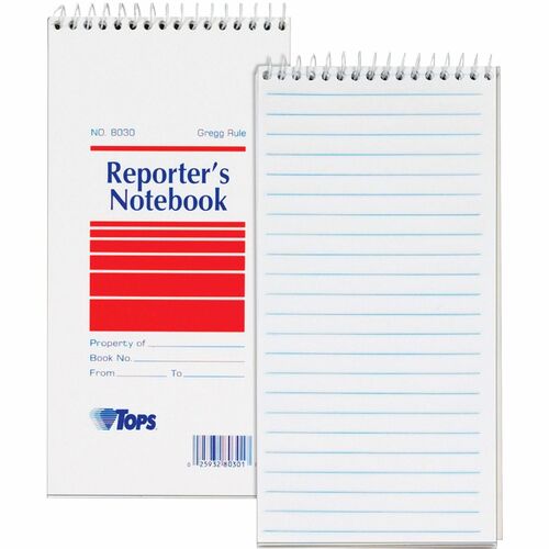 TOPS Reporter's Notebooks - 70 Sheets - Spiral - Gregg Ruled Margin - 4" x 8" - White Paper - Pocket - 12 / Pack