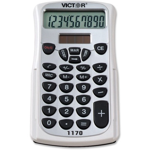Victor 1170 Handheld Calculator - Extra Large Display, Protective Hard Shell Cover, Dual Power, Battery Backup, Independent Memory, 3-Key Memory, Easy-to-read Display - Battery/Solar Powered - 0.4" x 2.6" x 5.3" - Black, Silver - Rubber, Plastic - 1 Each