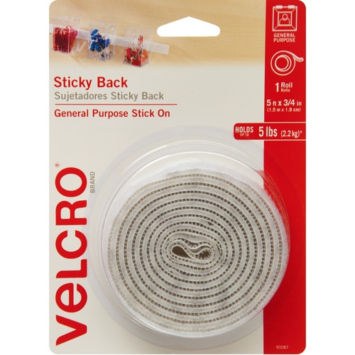 VELCRO® Sticky Back 5ft x 3/4in Roll White - 5 ft Length x 0.75" Width - White - Dispenser Included - For Mounting, Multi Surface, Smooth Surface, Glass, Metal, Indoor, Outdoor, Home, School, Office Roll - 1 Roll