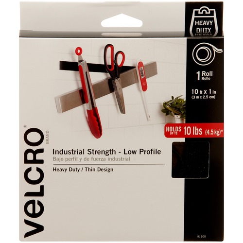 VELCRO® 91100 Heavy Duty Industrial Strength - Low Profile - 10 ft Length x 1" Width - Water Resistant - For Mounting - 1 / RollRoll - Black