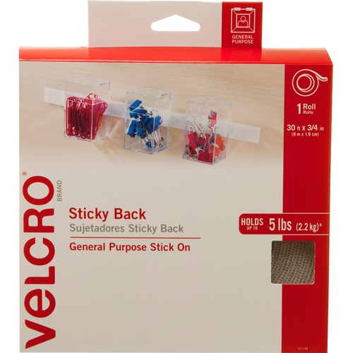 VELCRO® 91138 General Purpose Sticky Back - 10 yd Length x 0.75" Width - Dispenser Included - For Mount Picture/Poster, Multi Surface - 1 / RollRoll - White