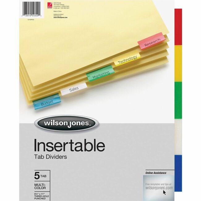 Wilson Jones® Insertable Tab Dividers, 5-Tab Set, Multicolor Tabs