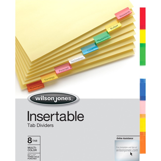 Wilson Jones® Insertable Tab Dividers, 8-Tab Set, Multicolor Tabs